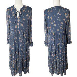 Patrons of Peace Blue Floral Tie Neck Tiered Maxi Dress Medium